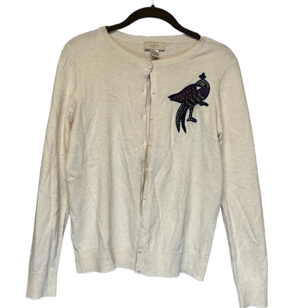 NWT Loft Outlet cream button front cardigan sweater Bird embroidery